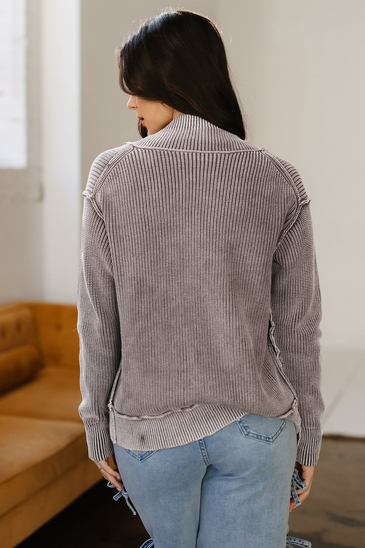 Chestnut Mineral Wash Exposed Seam Patchwork Knit Open Sweater Cardigan