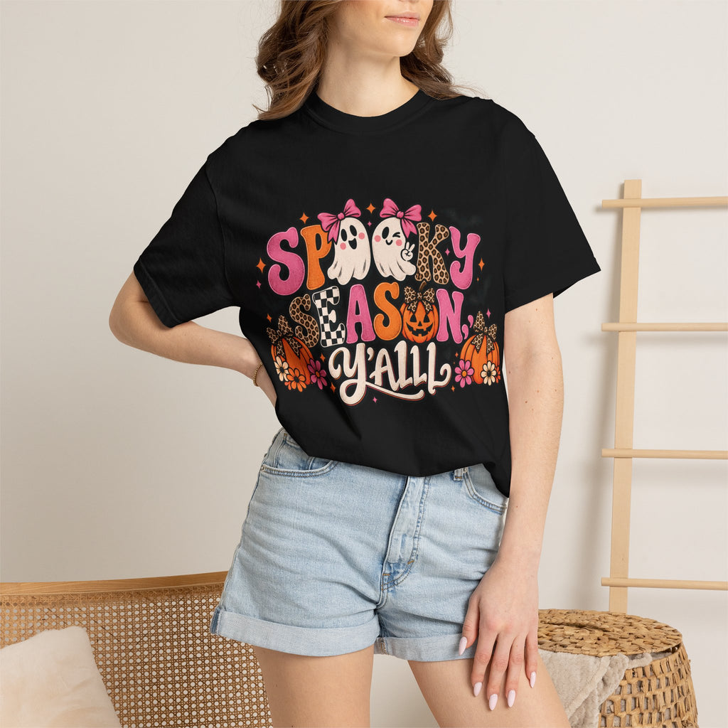 Spooky As Y’all Halloween T-Shirt — Cute Ghosts, Leopard Pumpkins & Bats