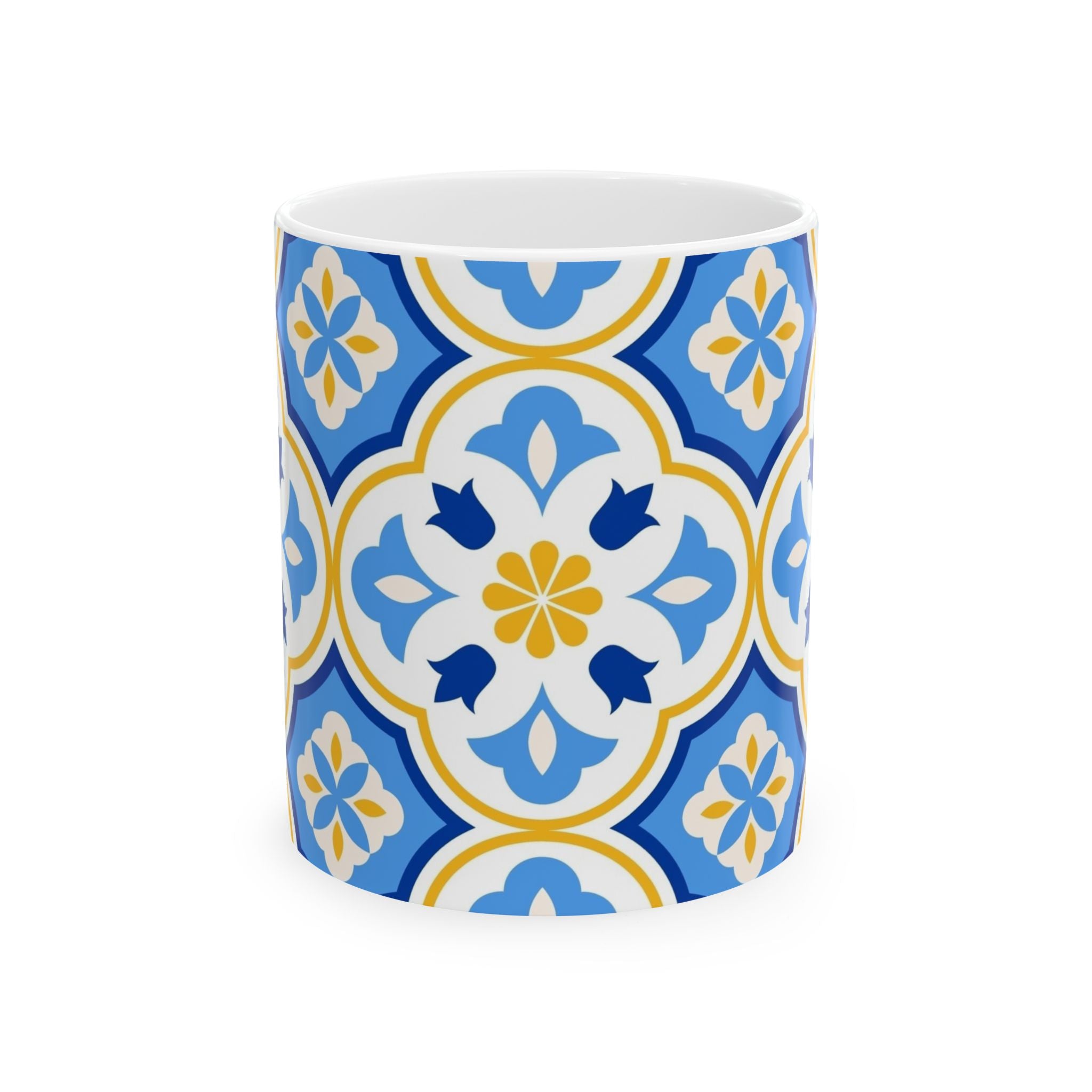Mediterranean Tile Ceramic Mug — Blue & Yellow Patterned Coffee Cup (11oz, 15oz)