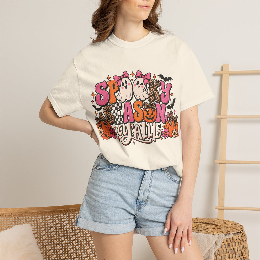 Spooky As Y’all Halloween T-Shirt — Cute Ghosts, Leopard Pumpkins & Bats