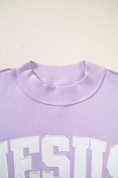 Orchid Bouquet JESUS Letter Patch Graphic Exposed Seam Mock Neck Baggy Sweatshirt