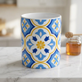 Mediterranean Tile Ceramic Mug — Blue & Yellow Patterned Coffee Cup (11oz, 15oz)
