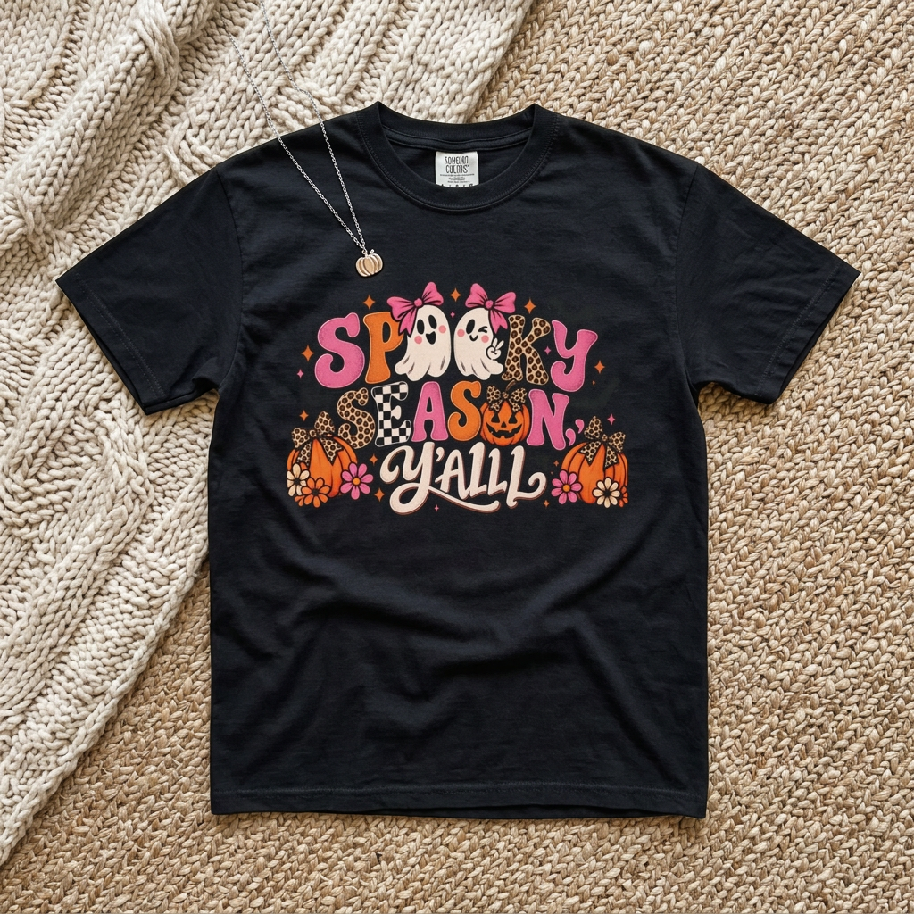 Spooky As Y’all Halloween T-Shirt — Cute Ghosts, Leopard Pumpkins & Bats
