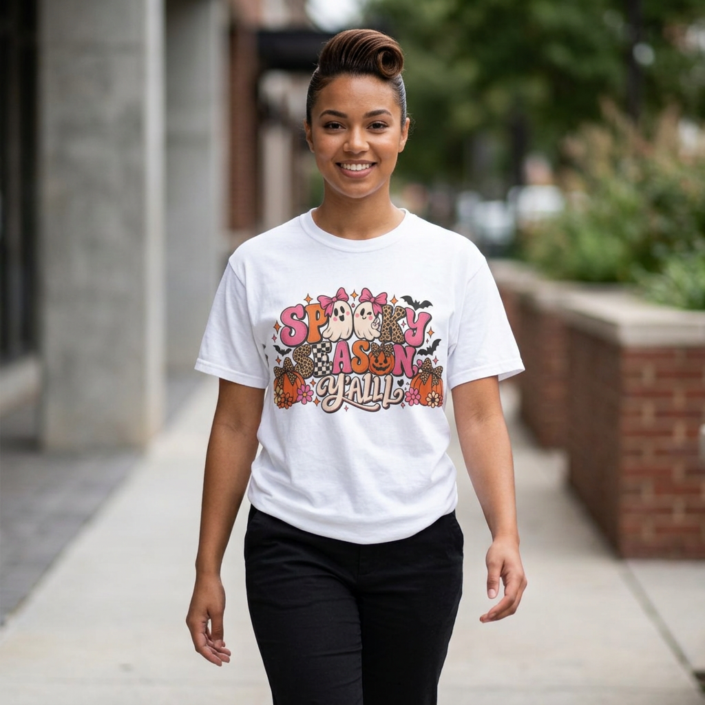 Spooky As Y’all Halloween T-Shirt — Cute Ghosts, Leopard Pumpkins & Bats