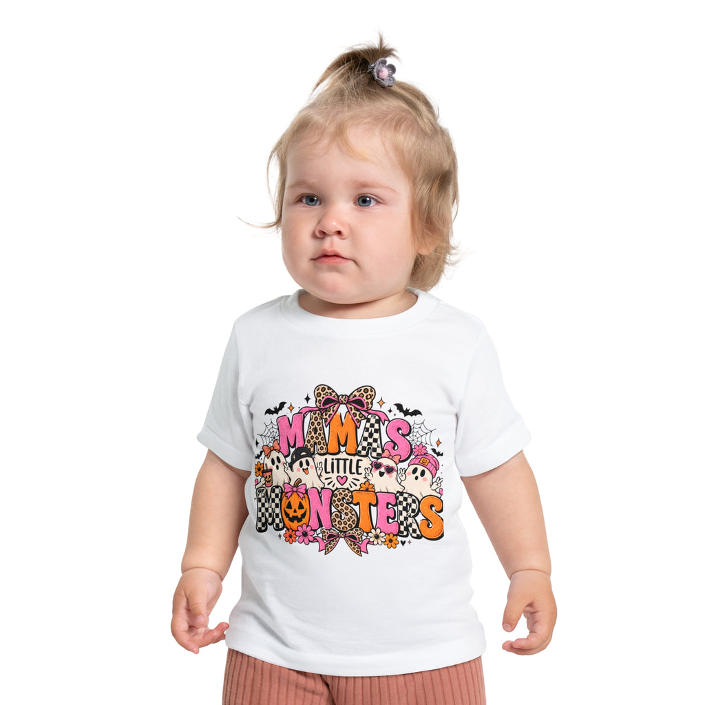 Baby Halloween T-Shirt — "Mama's Little Monsters" Cute Ghost & Pumpkin Design
