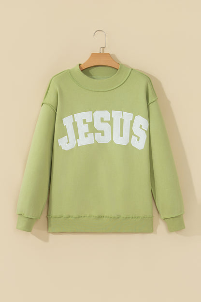 Orchid Bouquet JESUS Letter Patch Graphic Exposed Seam Mock Neck Baggy Sweatshirt