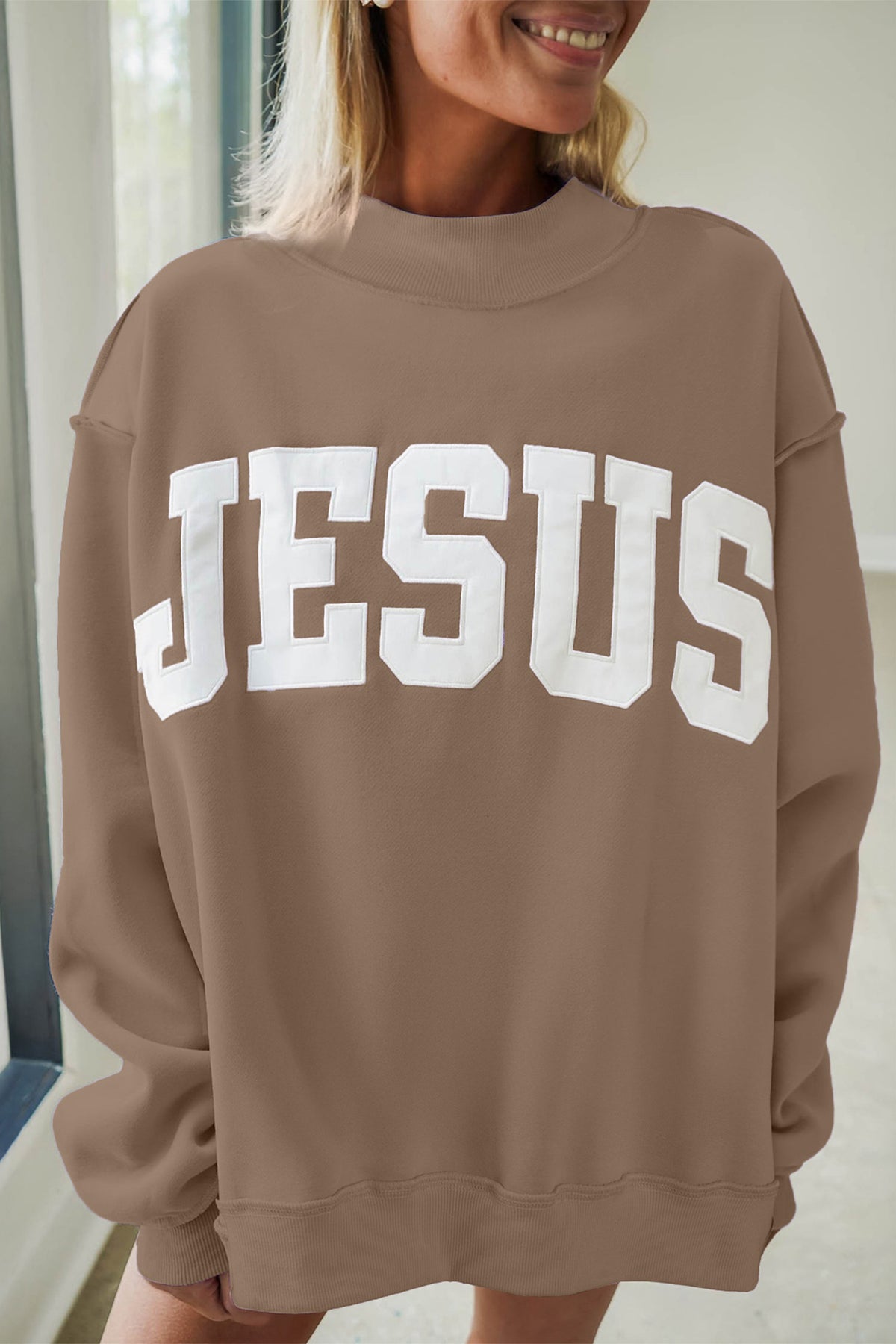 Orchid Bouquet JESUS Letter Patch Graphic Exposed Seam Mock Neck Baggy Sweatshirt