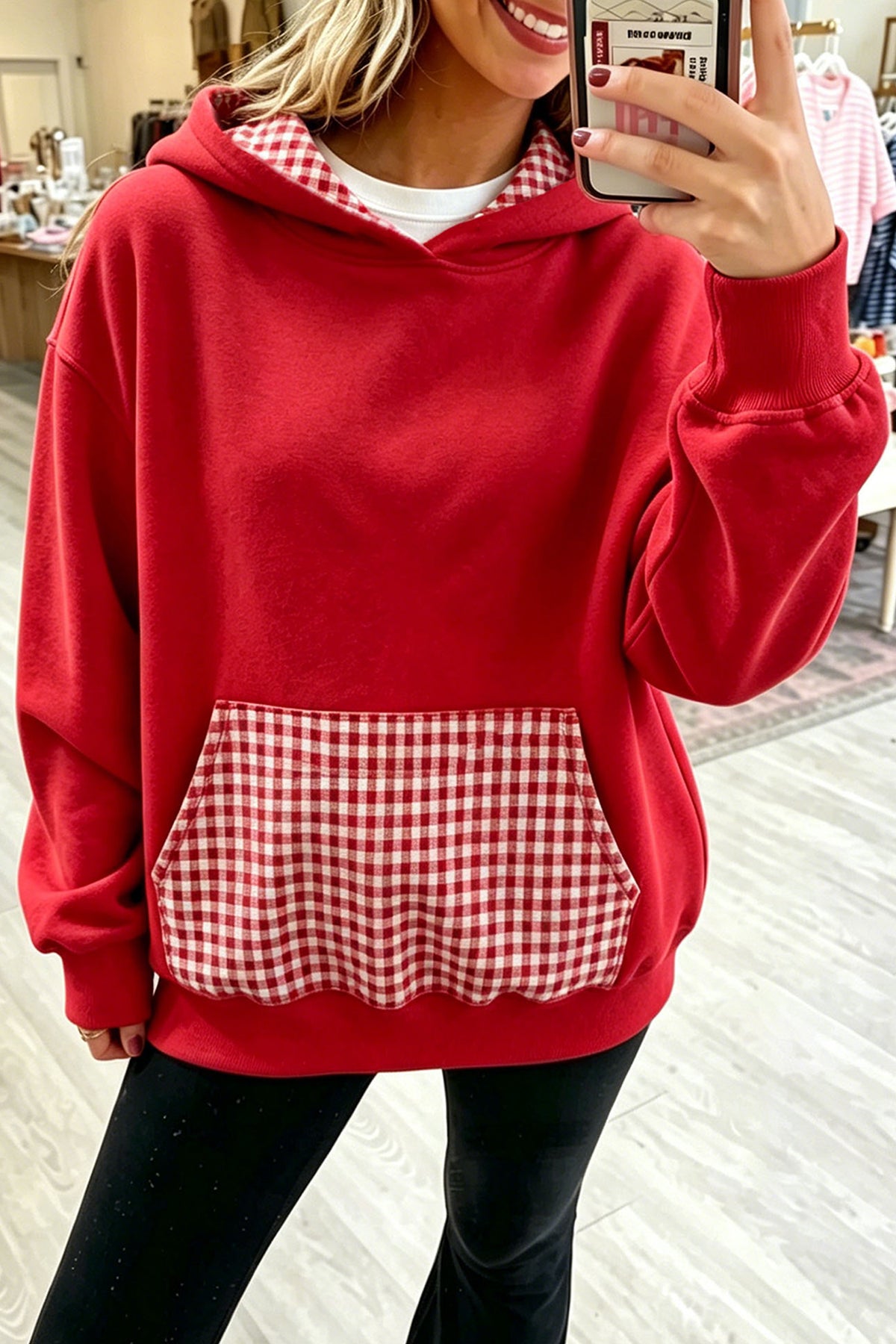 Racing Red Plaid Patchwork Front Pocket Casual Hoodie
