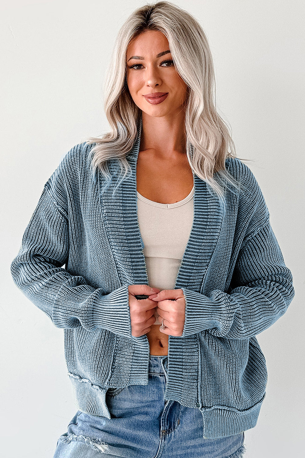 Chestnut Mineral Wash Exposed Seam Patchwork Knit Open Sweater Cardigan