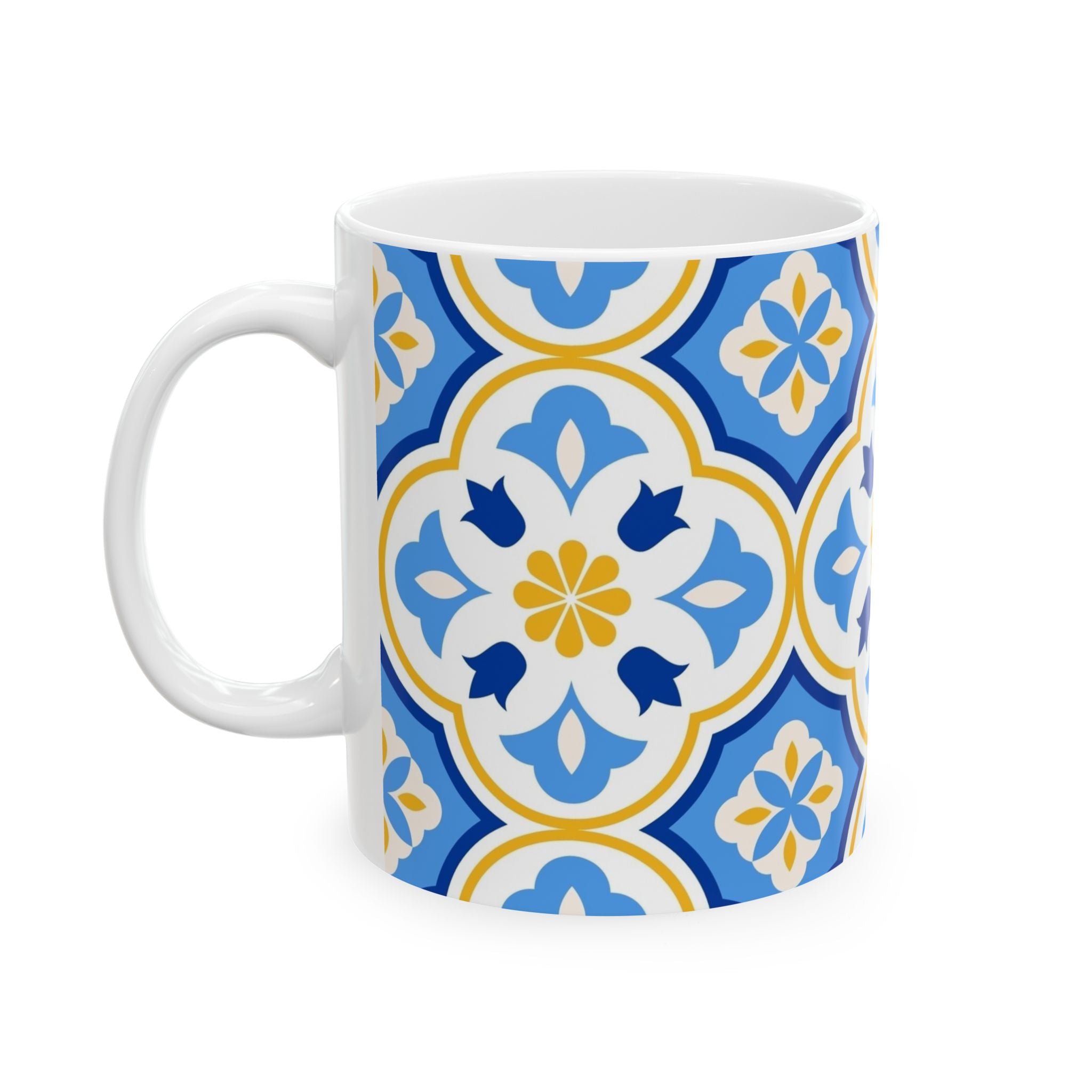 Mediterranean Tile Ceramic Mug — Blue & Yellow Patterned Coffee Cup (11oz, 15oz)