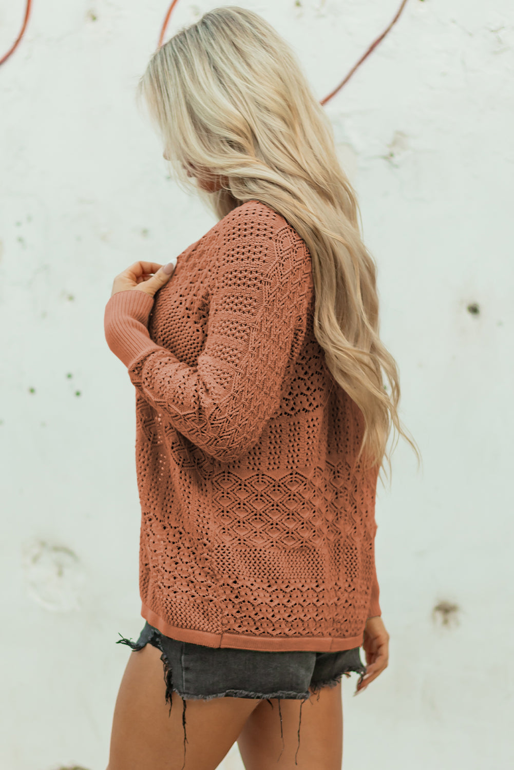 Redwood Burl Mix Pattern Hollowed Knit Open Front Cardigan