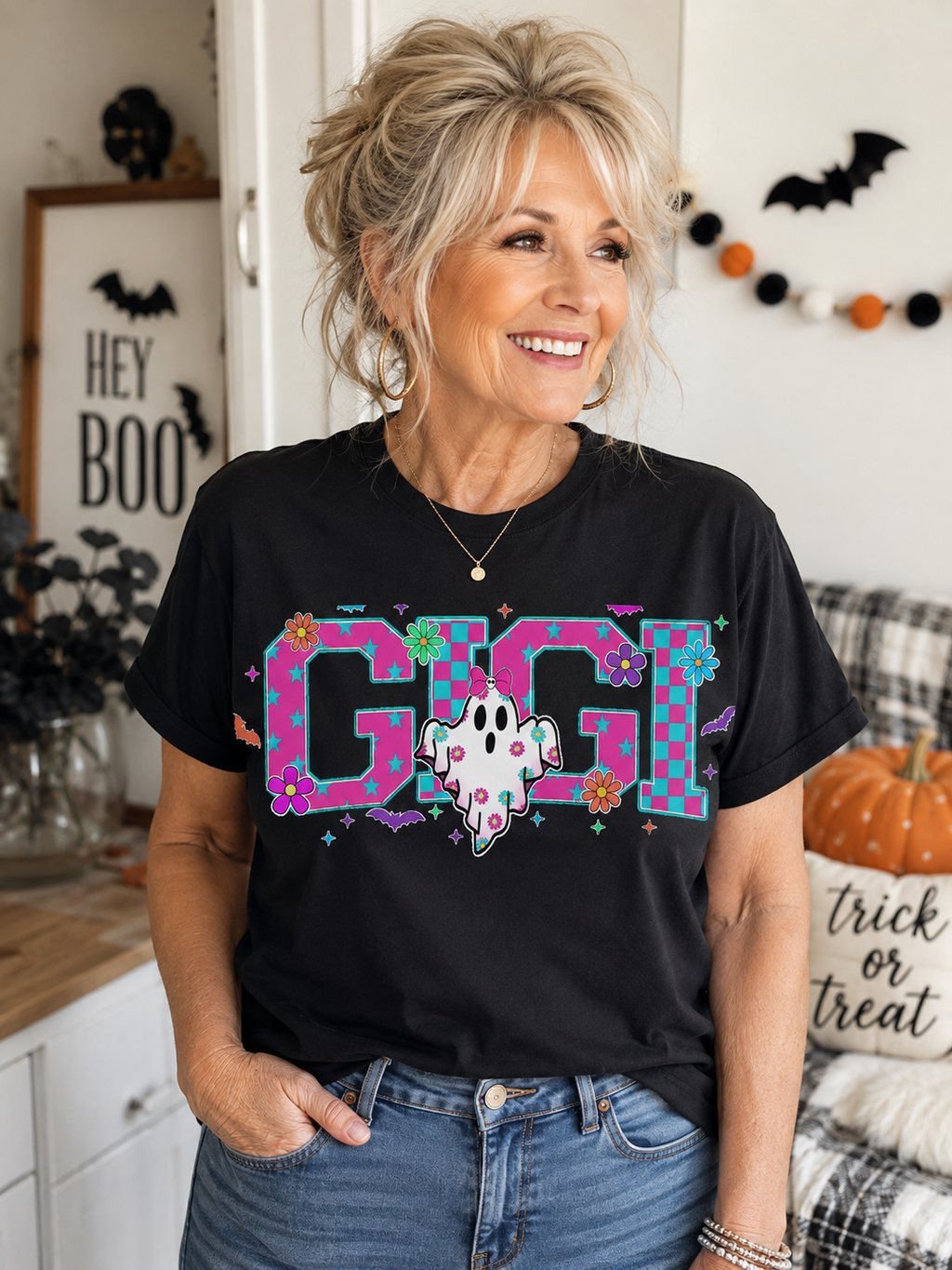 Gigi’s Boo Crew Tee - Groovy Floral Ghost Shirt