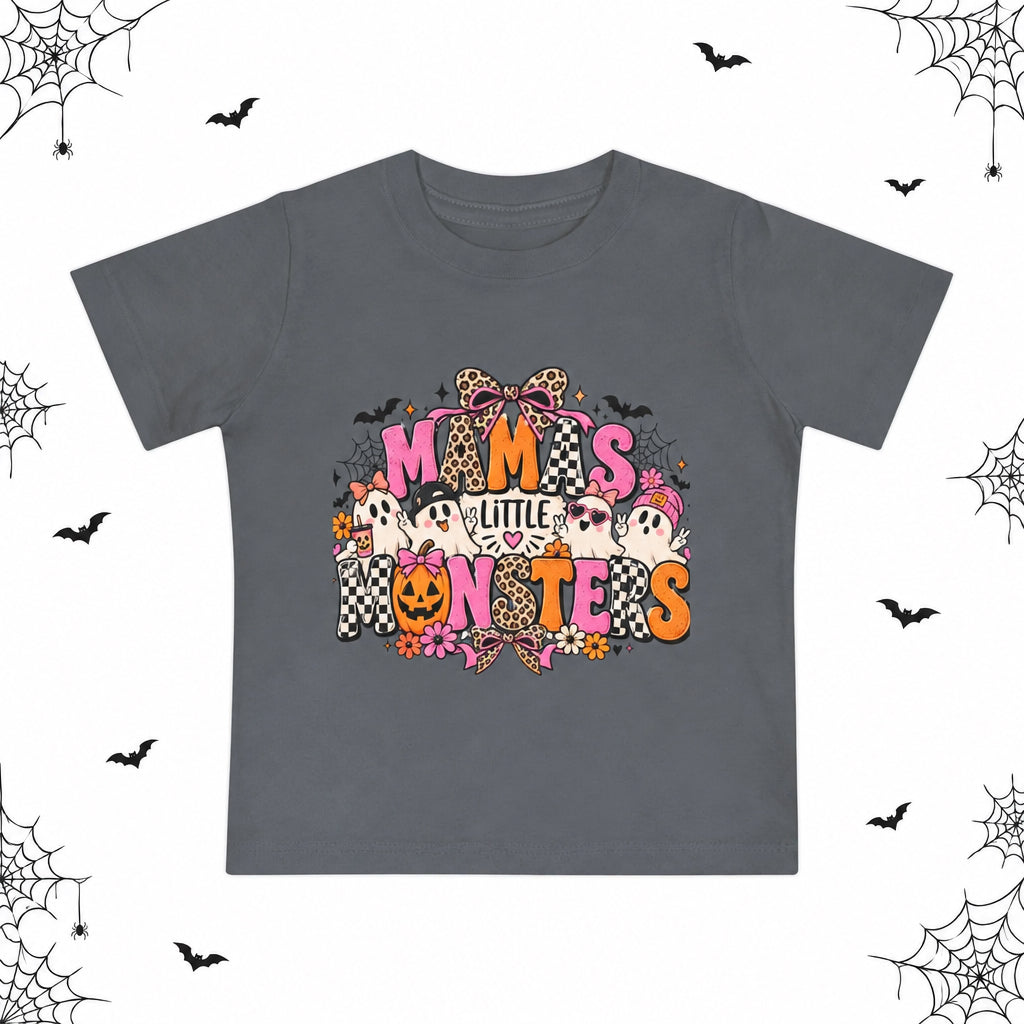 A toddler's short-sleeve crewneck t-shirt in dark gray, featuring a colorful 'Moms Little Halloween' graphic on the front with cartoon ghosts, pumpkins, and checkered patterns.