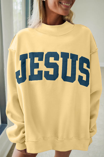 Orchid Bouquet JESUS Letter Patch Graphic Exposed Seam Mock Neck Baggy Sweatshirt