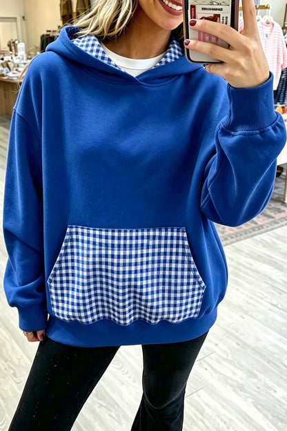 Racing Red Plaid Patchwork Front Pocket Casual Hoodie